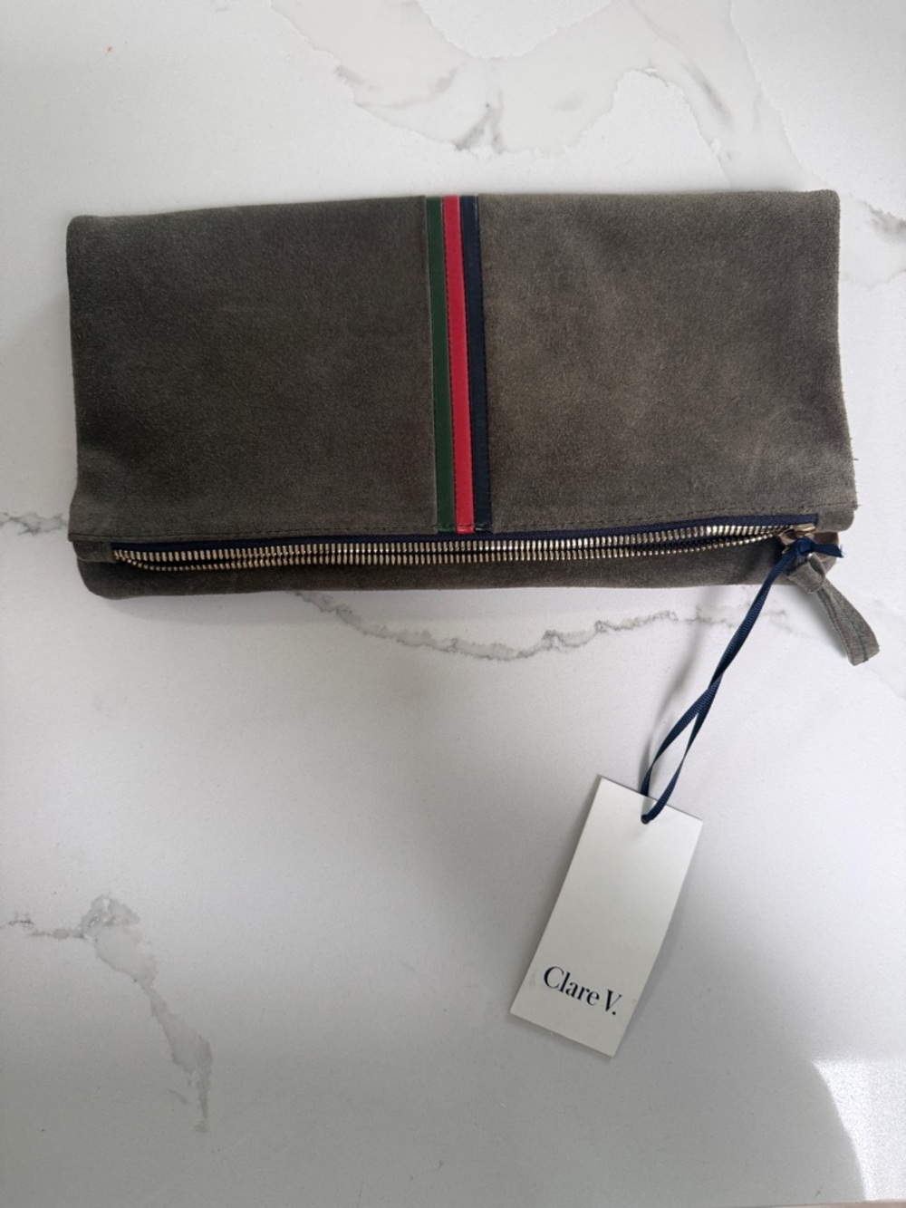 Clare V Suede Foldover Clutch in Taupe with Stripe Detail